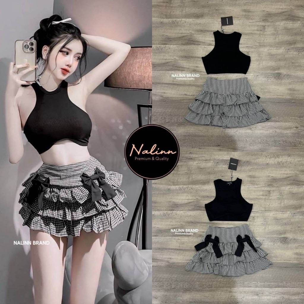 NALINN Set เสื้อกล้ามคอปสั้น ผ้ายืด สีดำ (*สอบถามสต๊อกก่อนกดสั่งน๊า)