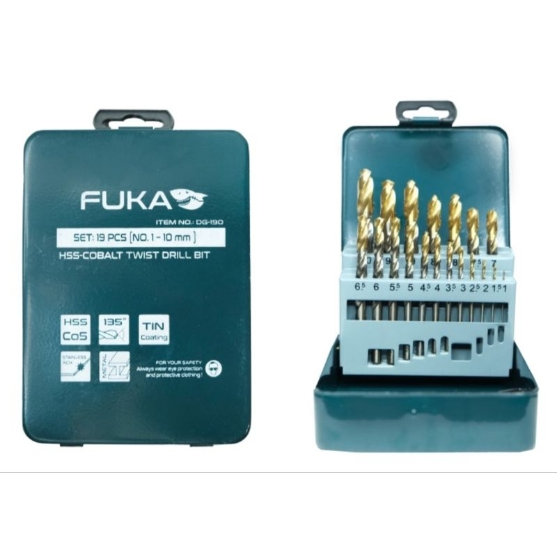 FUKA DG190 ดอกสว่านเจาะสแตนเลสไฮสปีดโคบอลต์ (แบบชุด) 1-10mm 19ตัวชุด FU1213019
