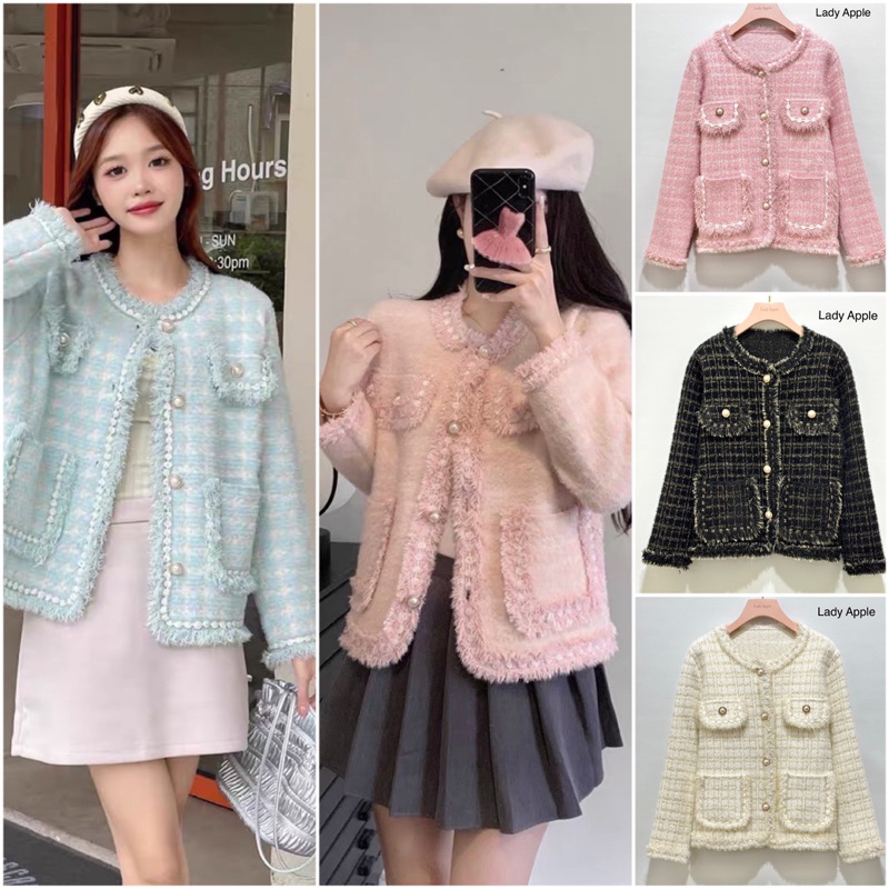 พร้อมส่ง เสื้อคลุมผ้าขนนุ่มฟูผ้าลายเส้นๆตารางๆแต่งขอบเสื้อพู่ๆแซมด้วยดิ้นทองดิ้นเงินแต่งฝากระเป๋า