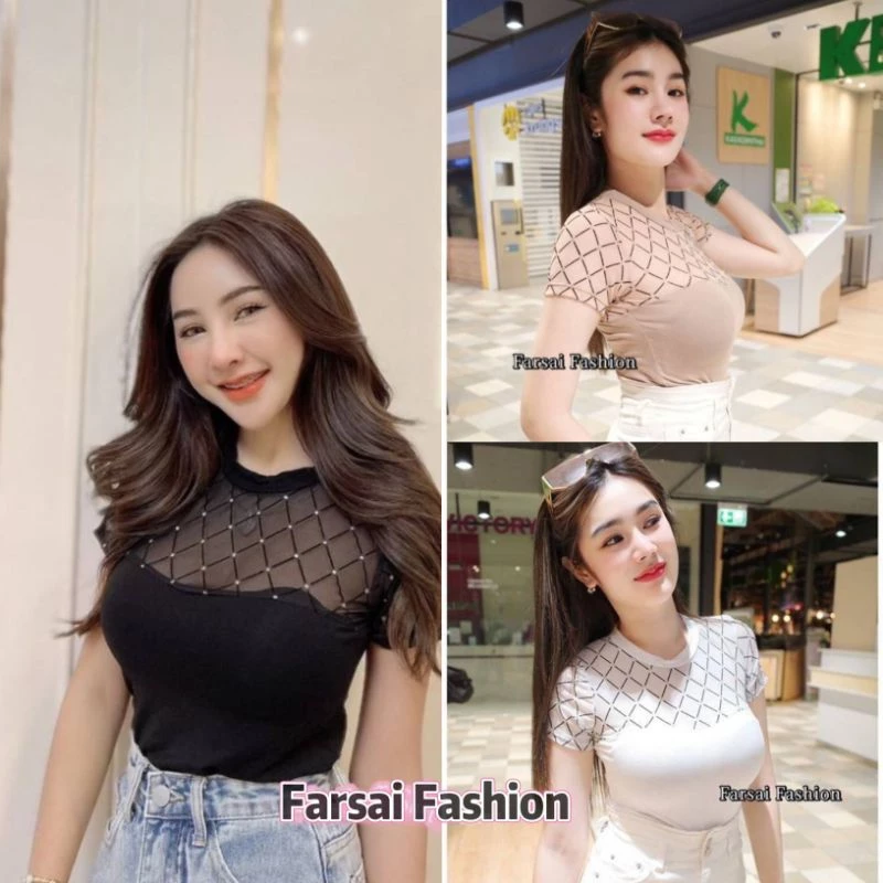 รหัสBC✨กรี๊ดด!! มาแรงง ซีทรูแขนสั้น ตาข่ายเพชร สุดแซ่บ💋
