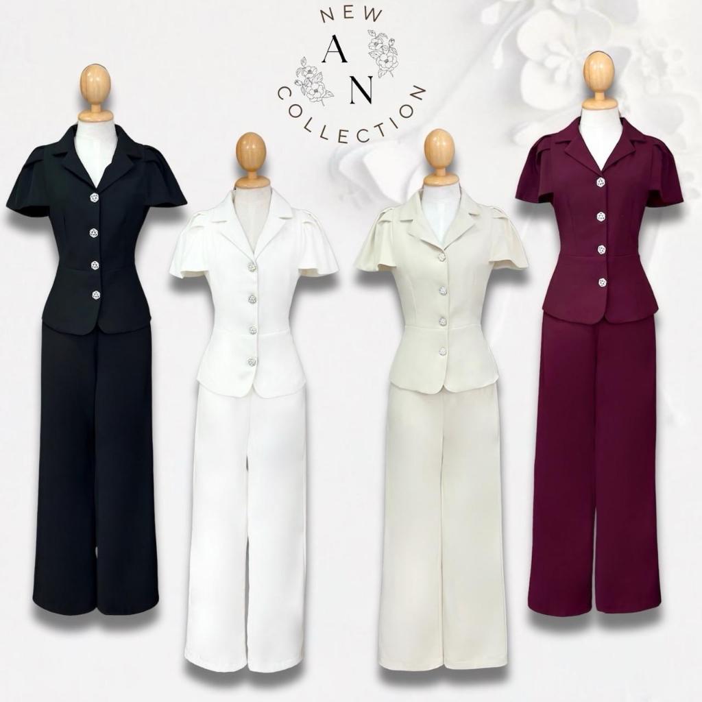 AN634 เซ็ตเสื้อคอปกแต่งกระดุมดอกไม้ + กางเกงขายาว The Alner Women Clothing Lady ผู้หญิง