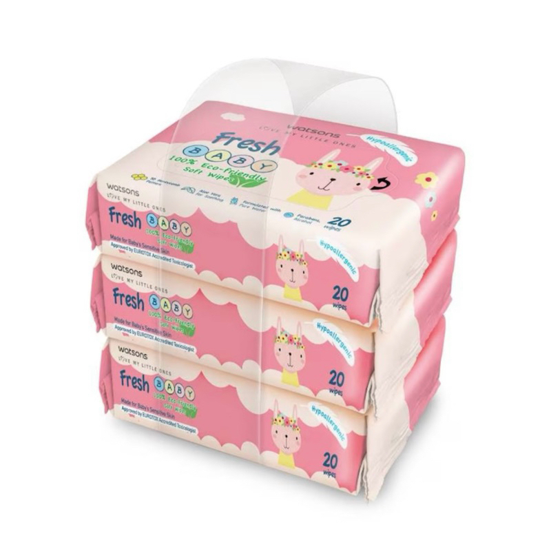 WATSONS  วัตสัน เฟรช เบบี้ 100% อีโค่-เฟรนด์ลี่ ซอฟท์ ไวพ์ 20แผ่น x 3แพ็ค ลละสี