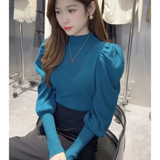 เสื้อแขนยาว ไหมพรม คอสูง ผ้าดี สีพื้น ทรงรัดรูป สไตส์เกาหลี