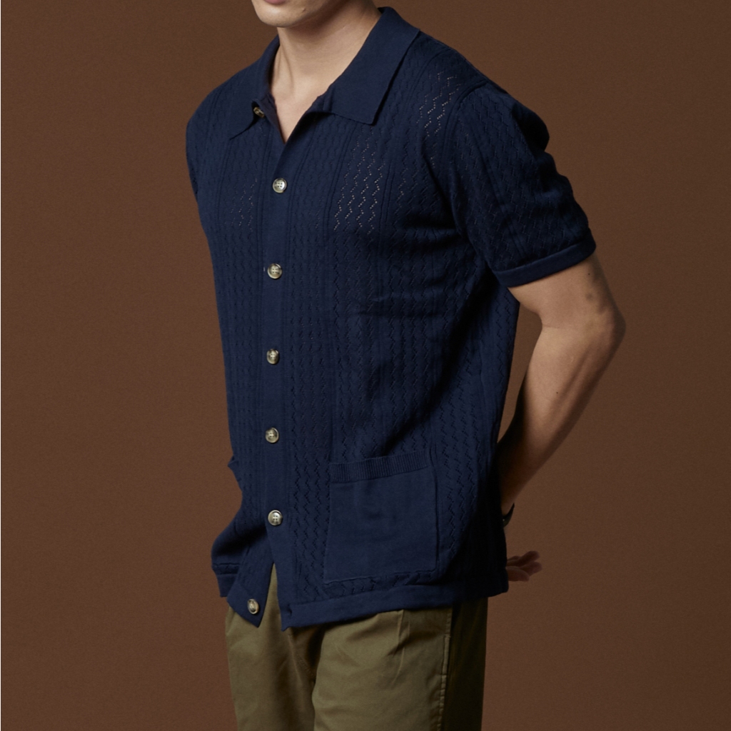 TWENTYSECOND เสื้อเชิ้ตแขนสั้น ผ้า Knit  รุ่น Collin Open Knit Shirt - กรม / Navy
