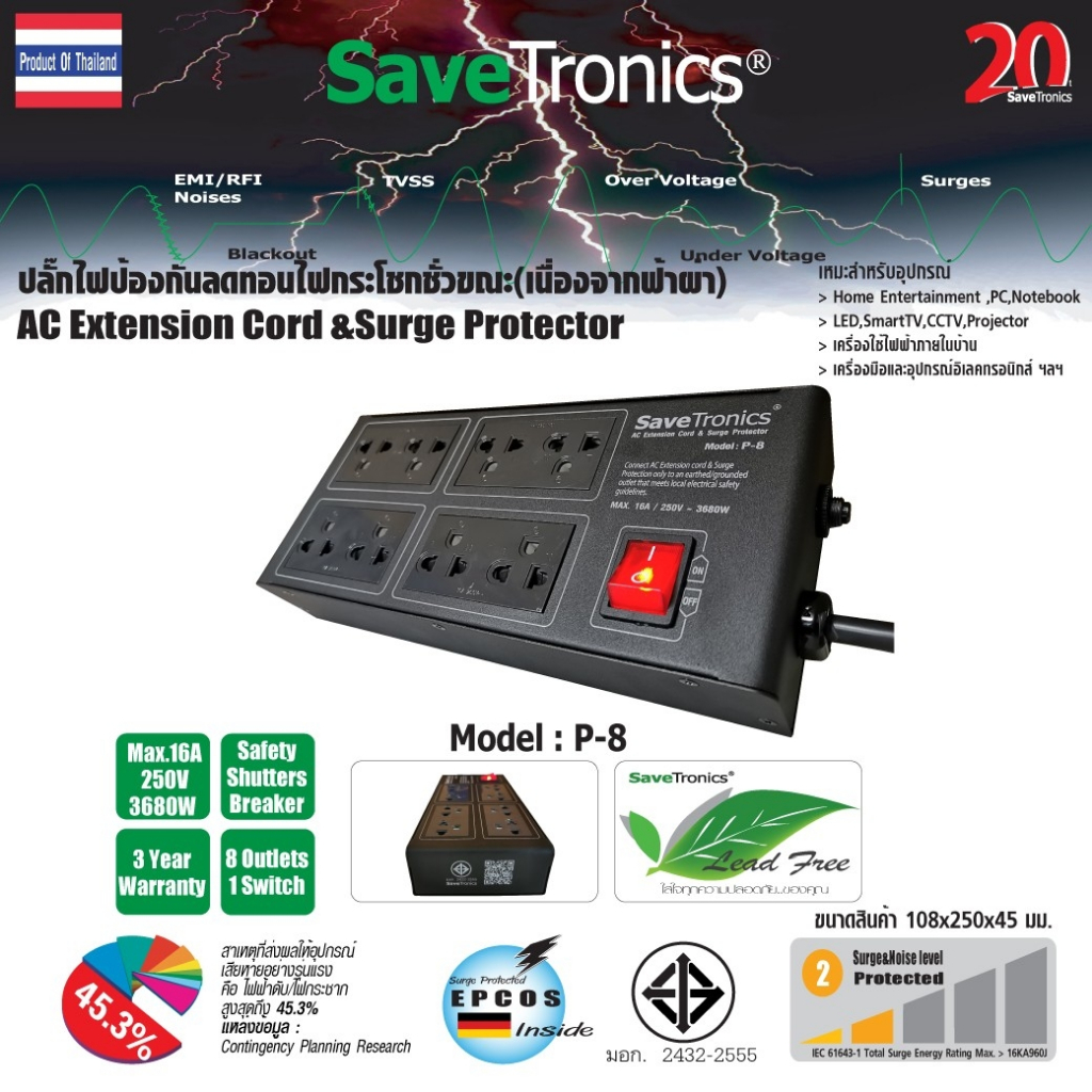 SaveTronics : ปลั๊กไฟป้องกันลดทอนไฟกระโชกชั่วขณะ(เนื่องจากฟ้าผ่า) รุ่น : P-8