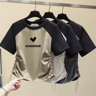เสื้อครอปสาวอวบน่ารักๆ Oversize เสื้อผ้าแฟชั่นสไตล์เกาหลี เสื้อยืดสวยๆผู้หญิงฤดูร้อนใหม่ ด้านข้างติดเชือก ปรับความยาว