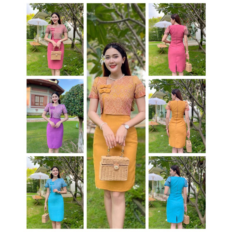 กั๊กผ้าฝ้ายทอลายมัดหมี่ สีพื้นผ้าชินมัย อัดกาวทั้งชุด ซิปหลัง งานทรงสอบ งานคอจีน สวยหวานมากๆค่ะ