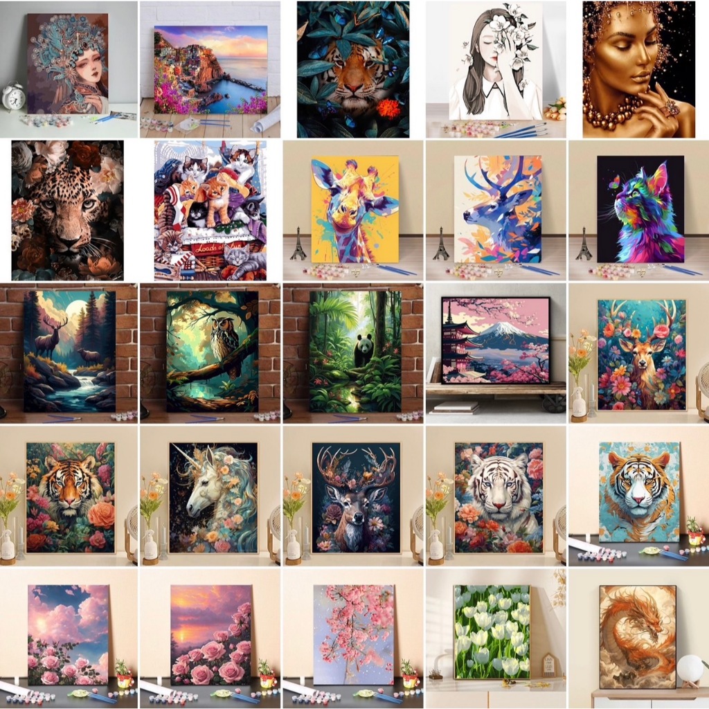 (พร้อมส่ง-ชุดที่7) ภาพระบายสีตามตัวเลข แบบขึงเฟรมไม้ งานศิลปะ DIY painting by numbers ภาพสวยๆ