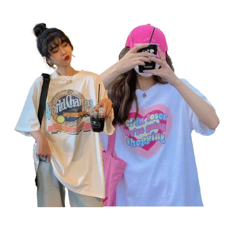 SALABO เสื้อแขนสั้น Oversize คอกลม พื้นขาวสกรีนลายน่ารักๆ เท่ๆ รอบอก 40-46 นิ้ว