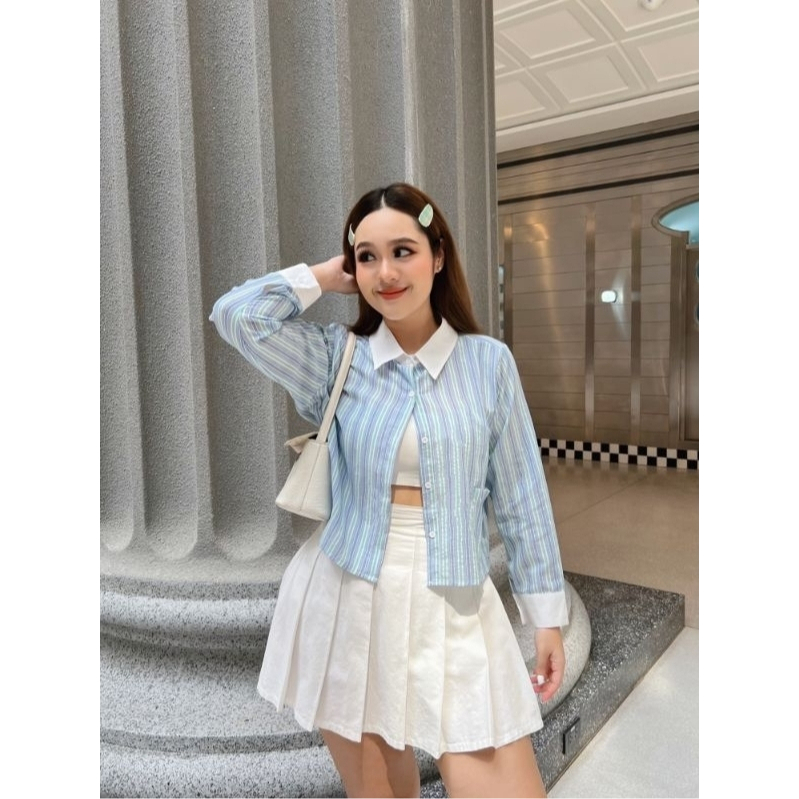 𝐘𝐮𝐦𝐢𝐤𝐨 𝐒𝐡𝐢𝐫𝐭 เชิ้ตครอป ลายทางสาวอวบ พร้อมส่ง 3 สี