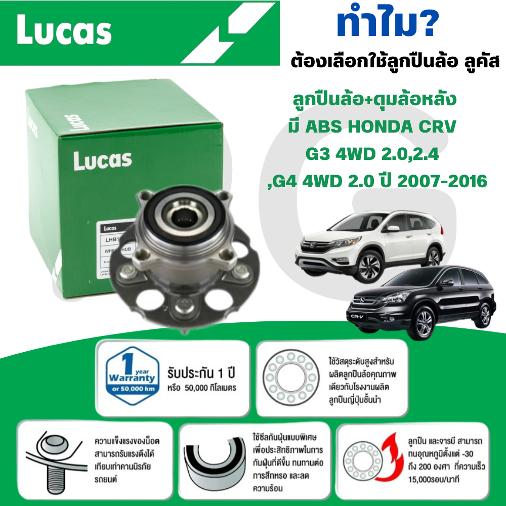 LUCAS ลูกปืนล้อ+ดุมล้อหลัง (มี ABS) HONDA CRV G3 4WD 2.0,2.4,G4 4WD 2.0 ปี 2007-2016 (1ลูก)