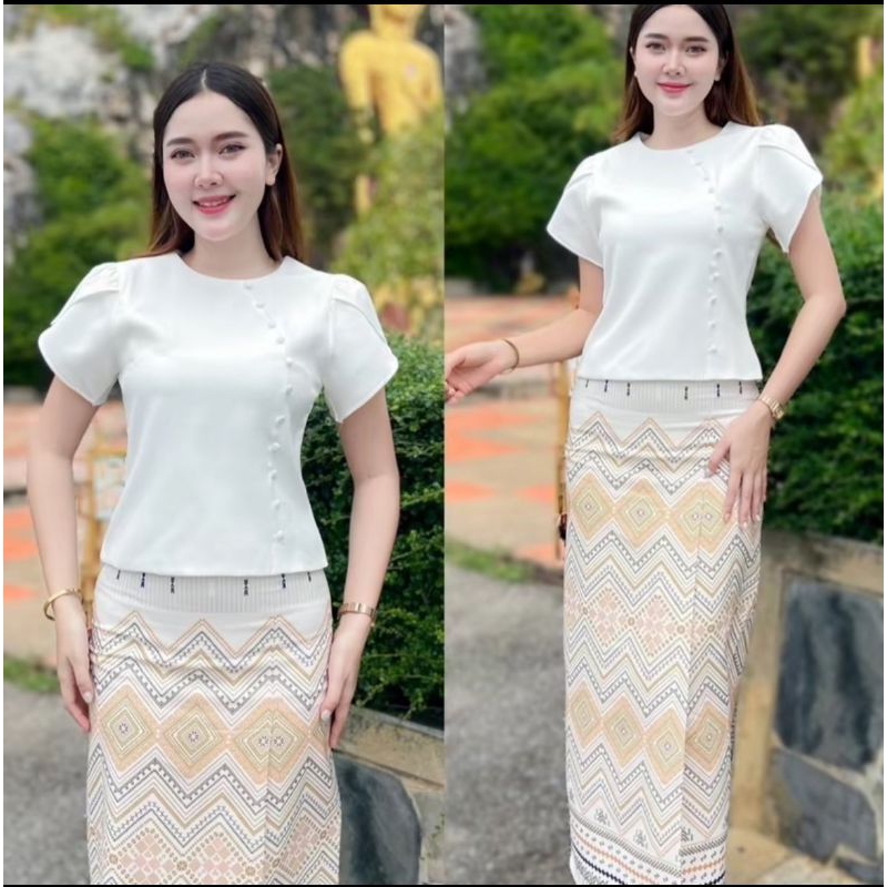 ชุดไทยจิตรลดาโทนสีขาวครีม ผ้าอัดกาว มีซับใน ใส่งานบุญสวยๆ