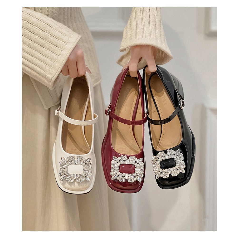 คุณภาพสูง ฝรั่งเศสย้อนยุครองเท้าส้นสูงสีแดงรองเท้าหนังขนาดเล็กแมรี่เจนรองเท้าส้นหนารองเท้าเจ้าสาวแต่งงานrพลอยเทียม