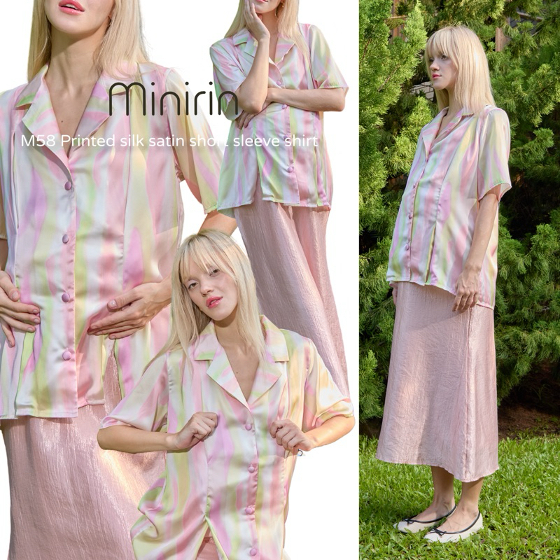 Minirin เสื้อคลุมท้องแฟชั่น เสื้อให้นมแฟชั่น M58 Printed silk satin short sleeve shirt ผ้านิ่มใส่สบาย