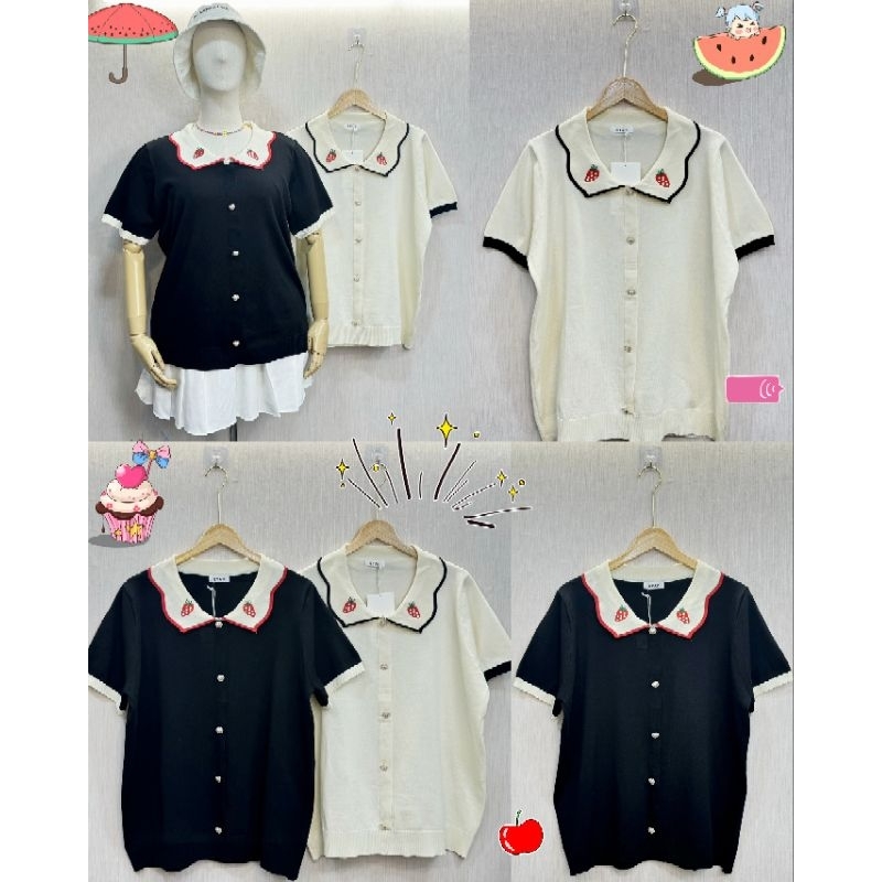 บิ๊กไซร์ เสื้อไหมพรมผ้าไม่หนา กระดุมหลอก สตอเบอรี่ หน้าผ้า50-70 ยาว 28 นิ้ว