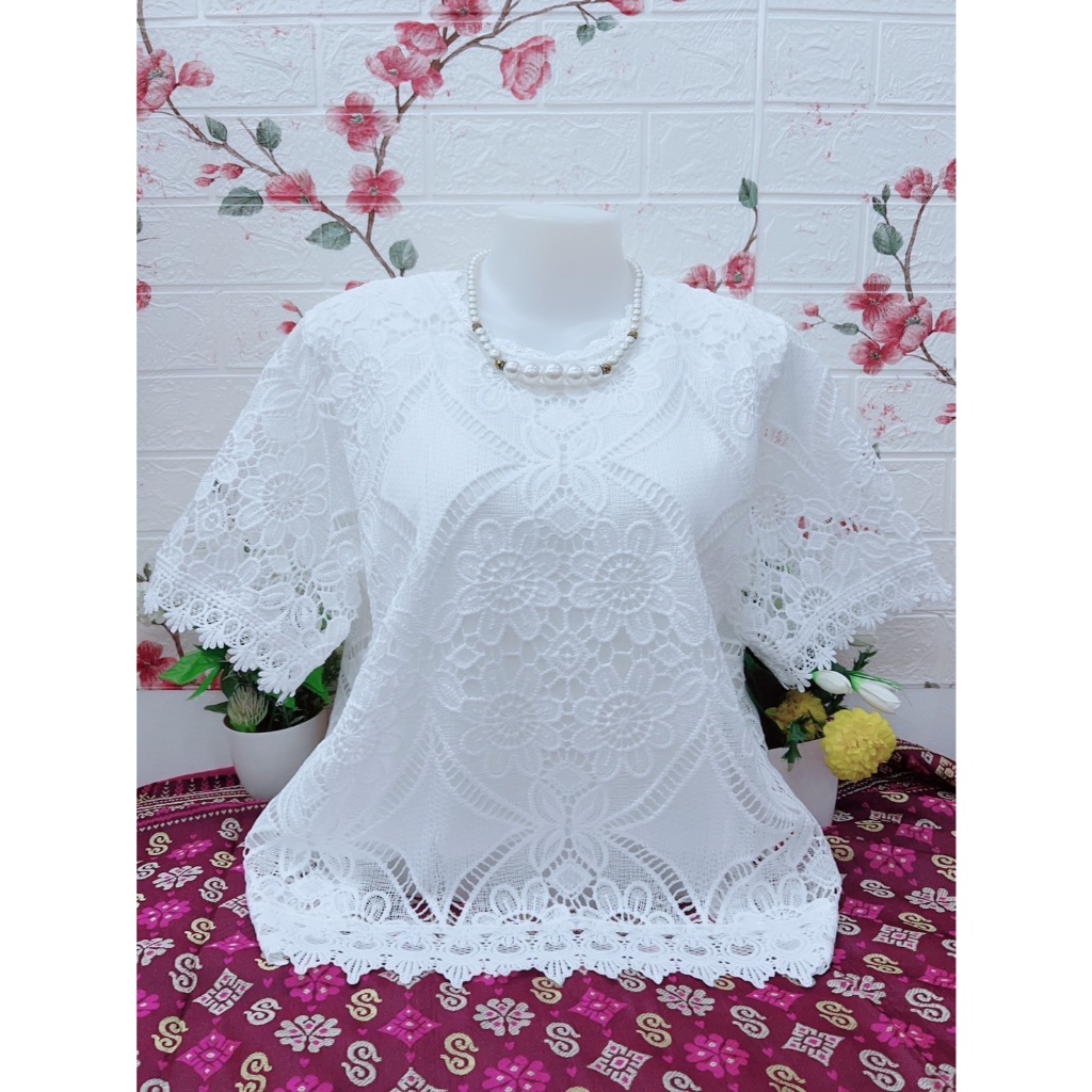 เสื้อลูกไม้แขนสามส่วน เสื้อลูกไม้สีขาว รอบอก44-46/48-50 นิ้วฟรีไซส์ เสื้อลูกไม้คนแก่ใส่ทำบุญ เสื้อลูกไม้ทั้งตัว