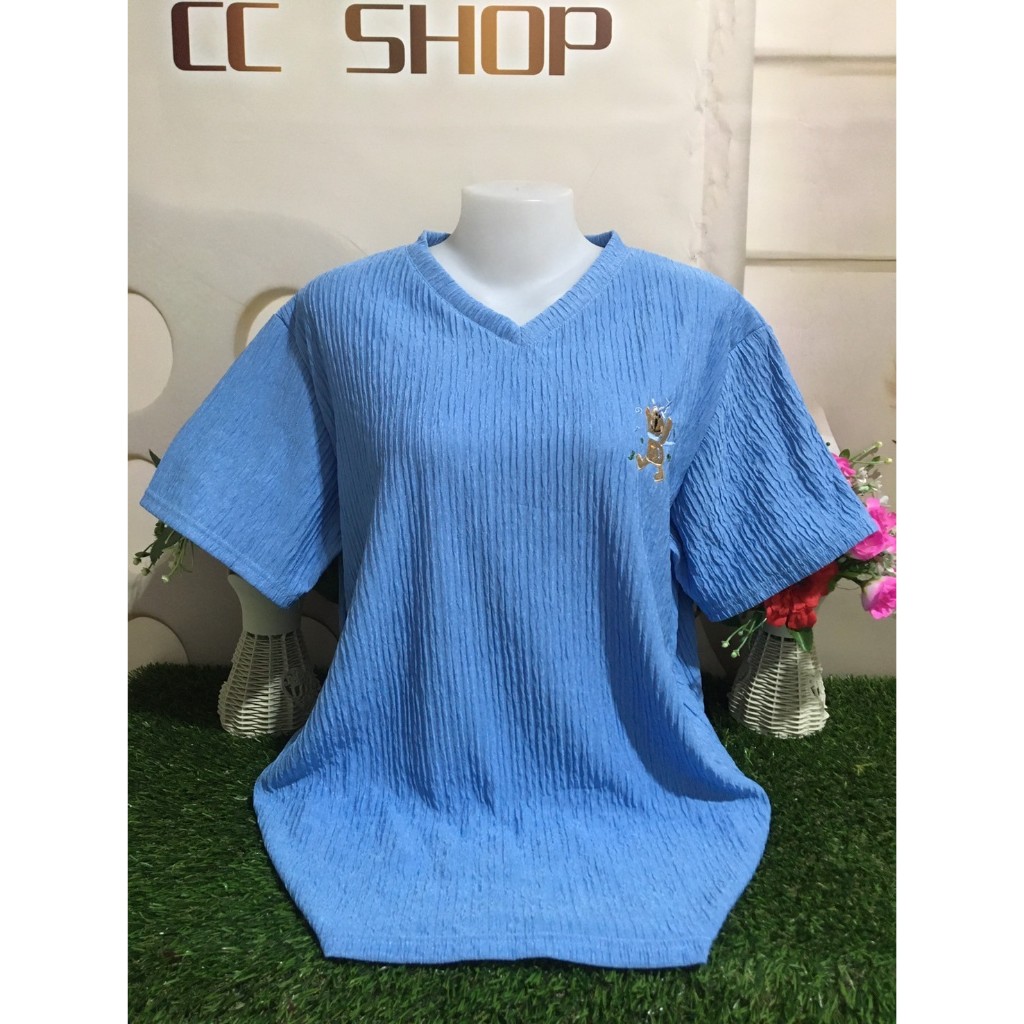 เสื้อแฟชั่นคอวีแขนสั้น ผ้าทอฟฟี่สีพื้น อก 46-50นิ้ว สาวอวบใส่สวยมาก รุ่น2018-1