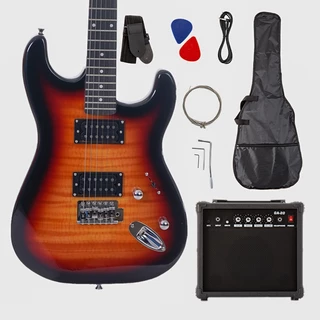ZLG ST กีต้าร์ไฟฟ้าพร้อมเครื่องขยายเสียงสีดำรูปแบบเปลวไฟ HH alnico 5 Pick up Fast shipping