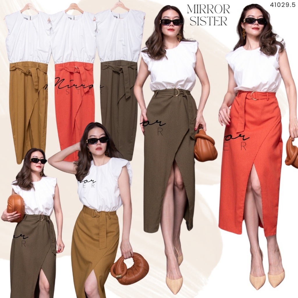 🔖Mirrorsister 41029.5 เดรสทูโทน ช่วงบนเป็นเสื้อสีขาวแขนกุดล้ำ ช่วงล่างเป็นกระโปรงทรงสอบผ่าแหวกหน้า มาพร้อมเข็มขัด