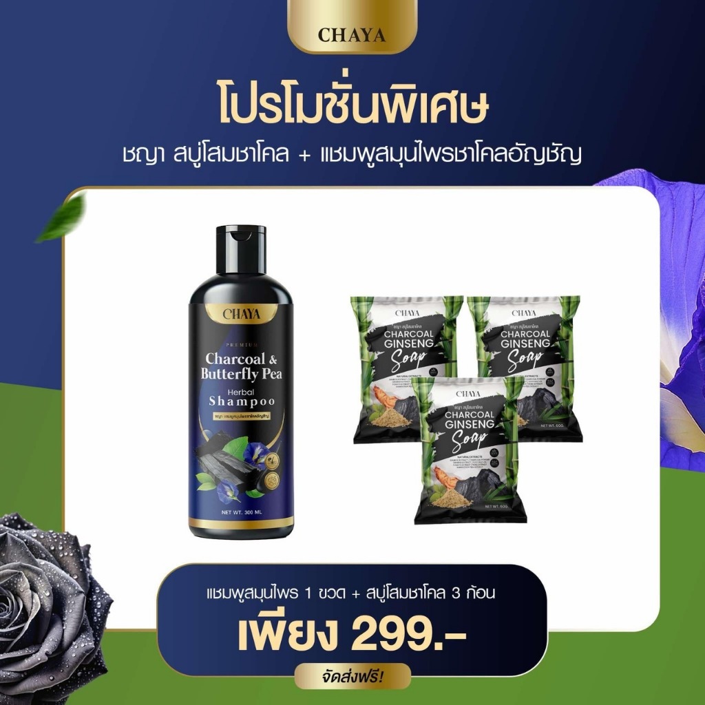 { เซ็ทคู่ } ชญา แชมพูชาโคลอัญชัญ 300 กรัม + สบู่โสมชาโคล แบรนด์ ชญา 60 กรัม ของแท้ ร้านเจ้าของแบรนด์