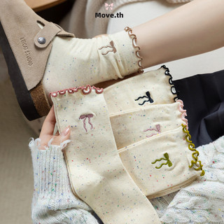 ในไทย-พร้อมส่ง✨ถุงเท้าผ้าฝ้าย ประดับโบว์ ลูกไม้ น่ารักหวาน สไตล์เกาหลี นักเรียนสำหรับผู้หญิง ความยืดหยุ่นสูง-Move