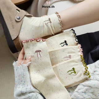 ในไทย-พร้อมส่ง✨ถุงเท้าผ้าฝ้าย ประดับโบว์ ลูกไม้ น่ารักหวาน สไตล์เกาหลี นักเรียนสำหรับผู้หญิง ความยืดหยุ่นสูง-Move