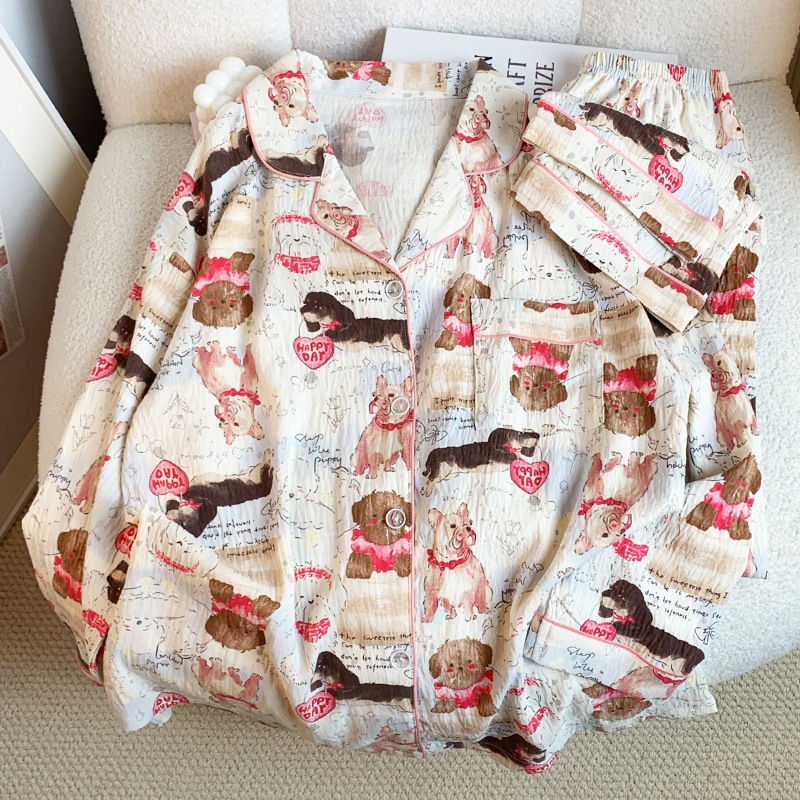 ชุดนอน ผ้าใส่สบายลายน้องหมาและผองเพื่อนสีสดใส แขนยาว+ขายาว