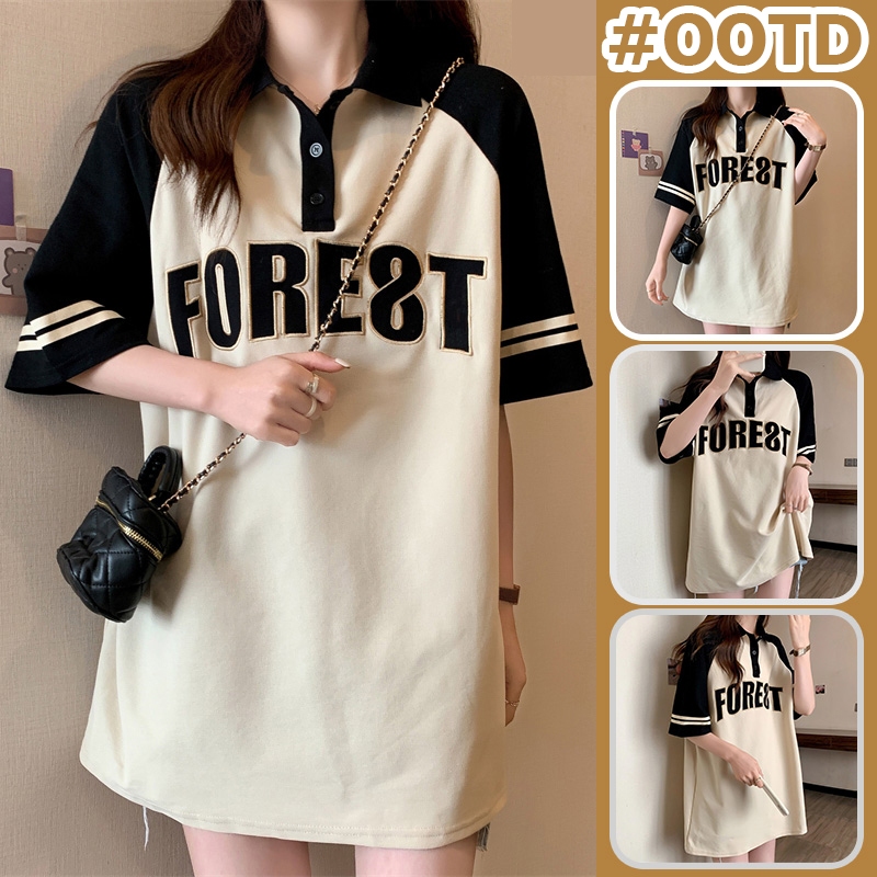 ohho #2604#เสื้อโปโลแขนสั้น โอเวอร์ไซส์สกรีนลายตัวอักษร แฟชั่นผู้หญิง สไตล์เกาหลี สตรี รุ่น Clothing Shirt คอปก Lady