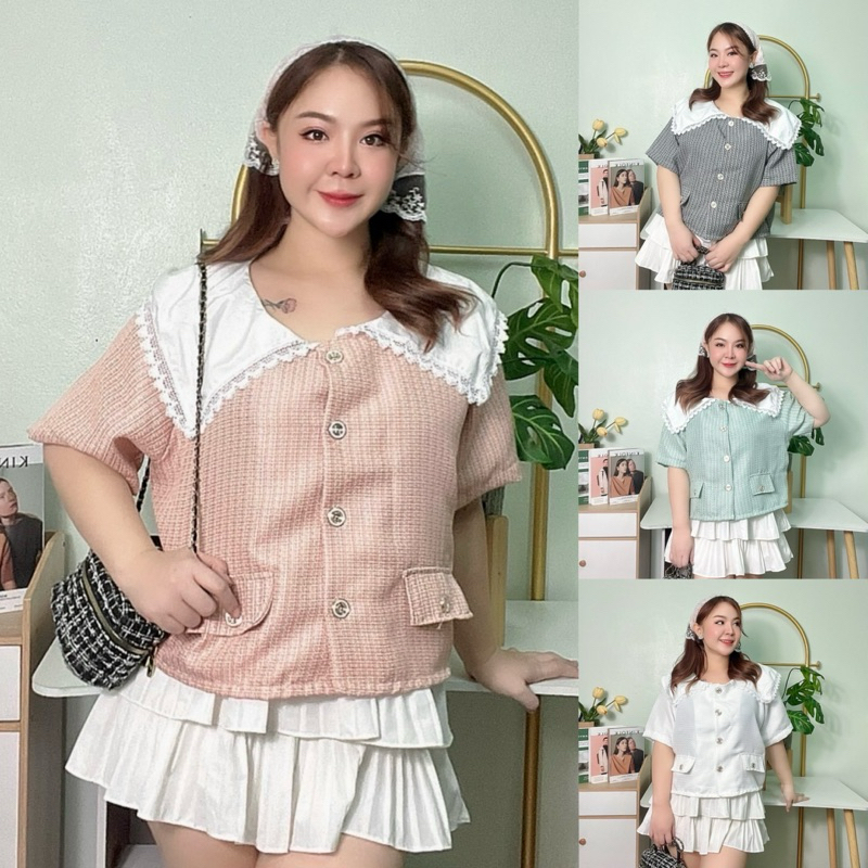 เสื้อทวิตสาวอวบ เสื้อทวิต เสื้อไซส์ใหญ่ ผ้าทวิตทั้งตัว คอปกแต่งกระเป๋า หน้าผ้า 52“ อก 44-50”