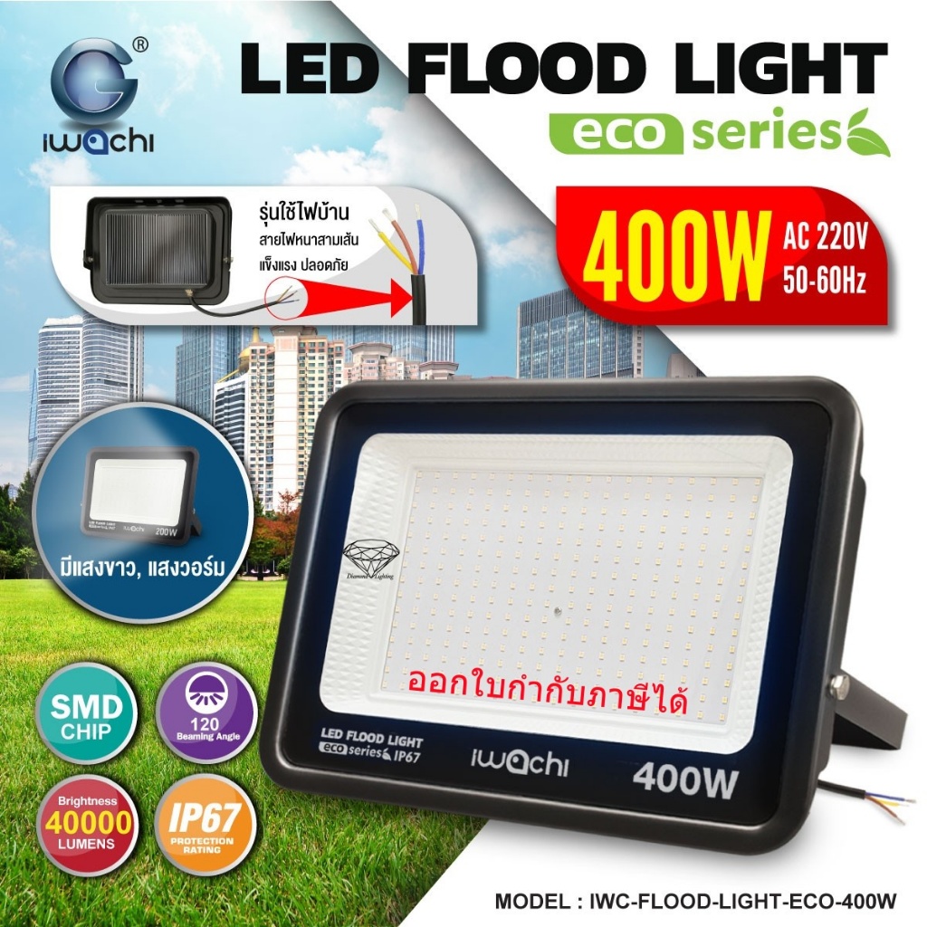 IWACHI IWC-FLOOD-LIGHT-ECO 400W 300W โคมสปอร์ตไลท์ โคมไฟ รุ่น ECO 220 Vขนาด 36x28x5 cm มี 2 สี แสงขาว และแสงวอร์ม