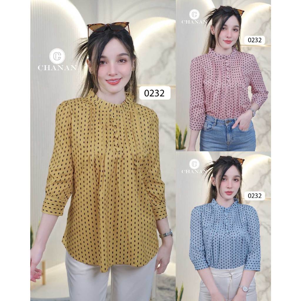 Chanan เสื้อโพลีผสมคอตตอน คอระบายแต่งจีบ กระดุมหน้า เสื้อใส่ออกงาน เสื้อทำงาน เสื้อสวยๆ ลายจุด มี3สี รุ่น0232