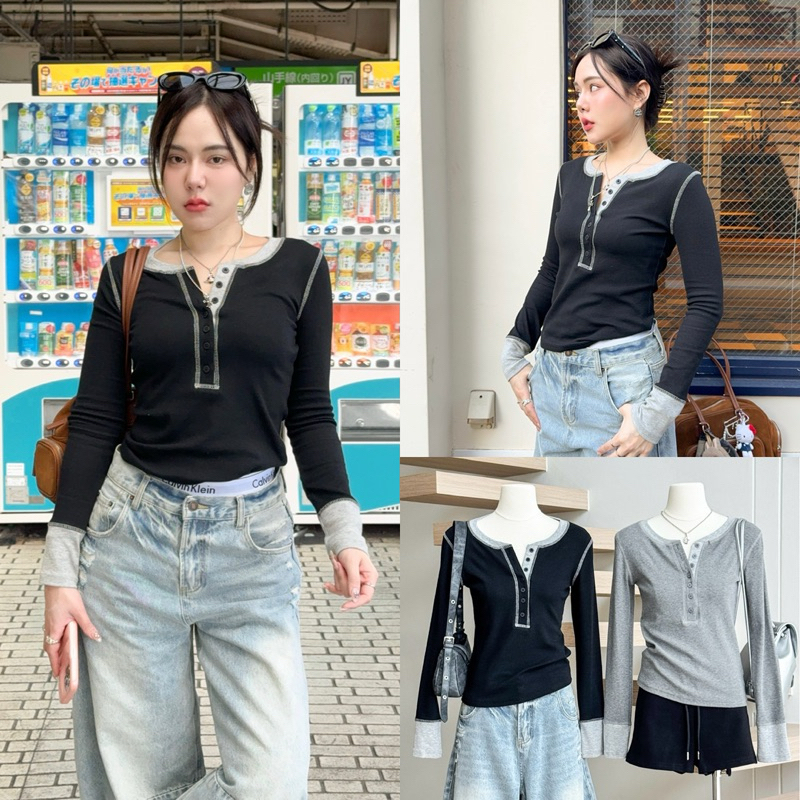 ♡BY0148 2-tone long sleeve ผ้านุ่มใส่สบายทรงสวย