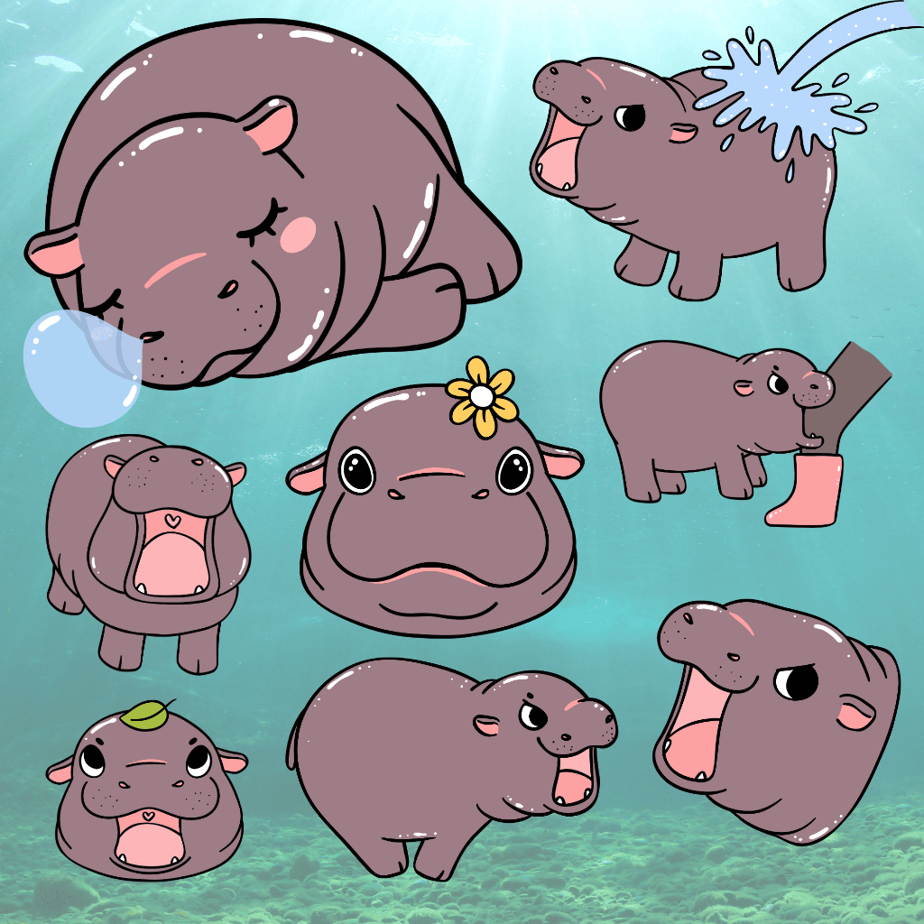 ตัวรีดติดเสื้อลายการ์ตูน ฮิปโปน้อย Set 1 น้องหมูเด้ง Moo Deng น่ารัก F.310 รีดง่ายแผ่นฟิมล์รีดร้อน