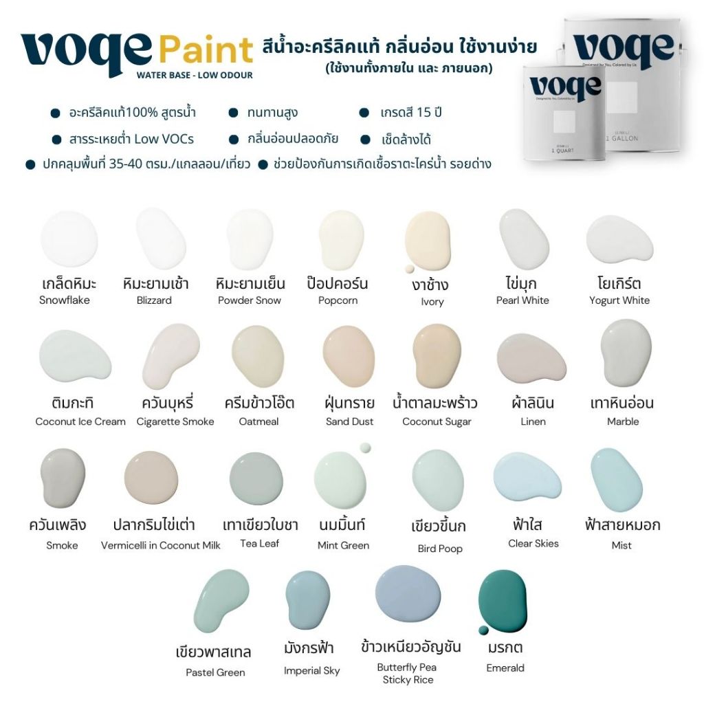 สีน้ำอะครีลิคแท้100% Voqe Set1 0.946 ลิตร คุณภาพ15ปี ทนสภาวะอากาศ ปกปิดได้พื้นที่มาก กลิ่นอ่อนทาง่าย