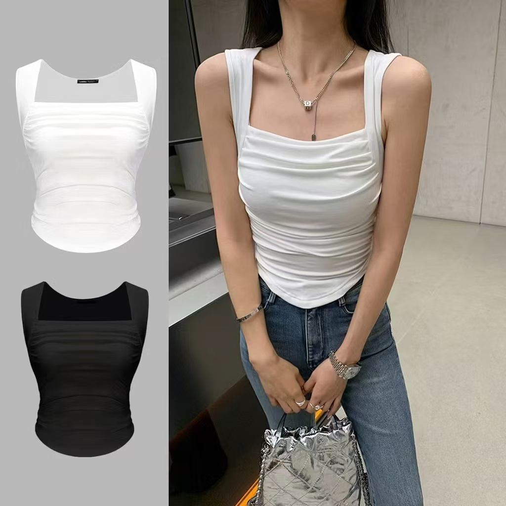 MW136 เสื้อแขนกุด ชายพริ้วยาวไม่เท่ากัน จับจีบ สีพื้น สไตล์ลำลอง สำหรับผู้หญิง (สีขาว/สีดำ) A15