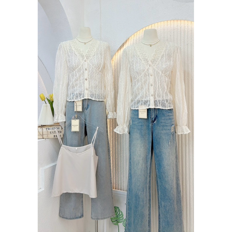 NN600 set 2 pcs. เสื้อเชิ้ตแขนยาวชีฟองแต่งขอบลูกไม้+สายเดี่ยว Peekanong