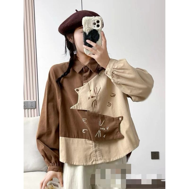 เสื้อเชิ้ตปักลาย หน้าแมว 43“ ผ้าลูกฟูก สีทูโทน เสื้อแขนยาว หน้าน้องแมว