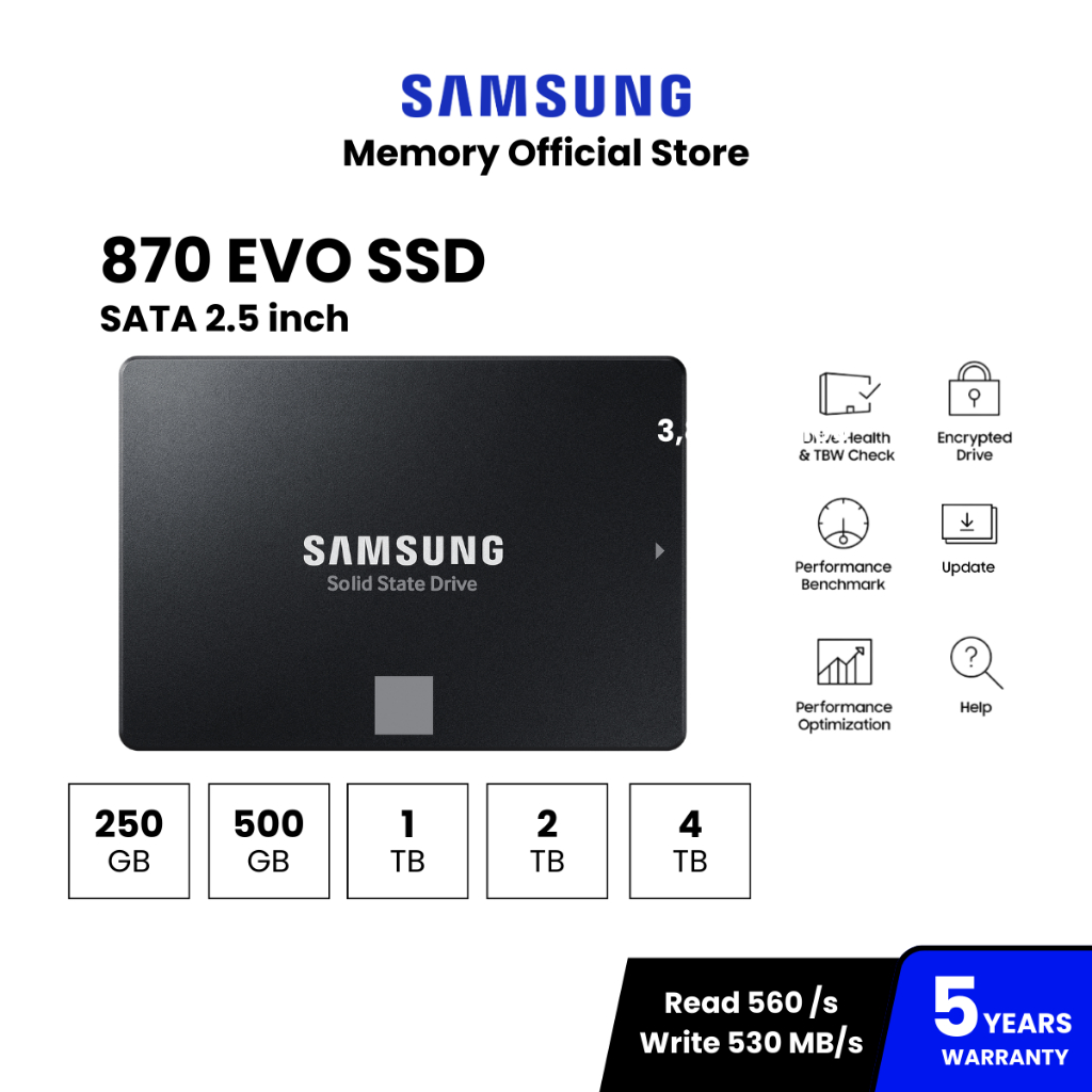 SAMSUNG 870 EVO SSD SATA 2.5" 560 / 530 MB/s ความจุ 1TB/ 2TB/ 4TB : 5Y (870 EVO / MZ-77E)