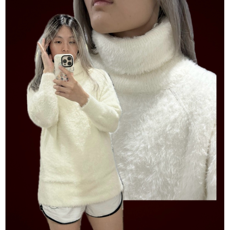 เสื้อคอเต่าขนนิ่มฟู แบรนด์AIX Les Bains สีขาว (แบรนด์ญี่ปุ่น)