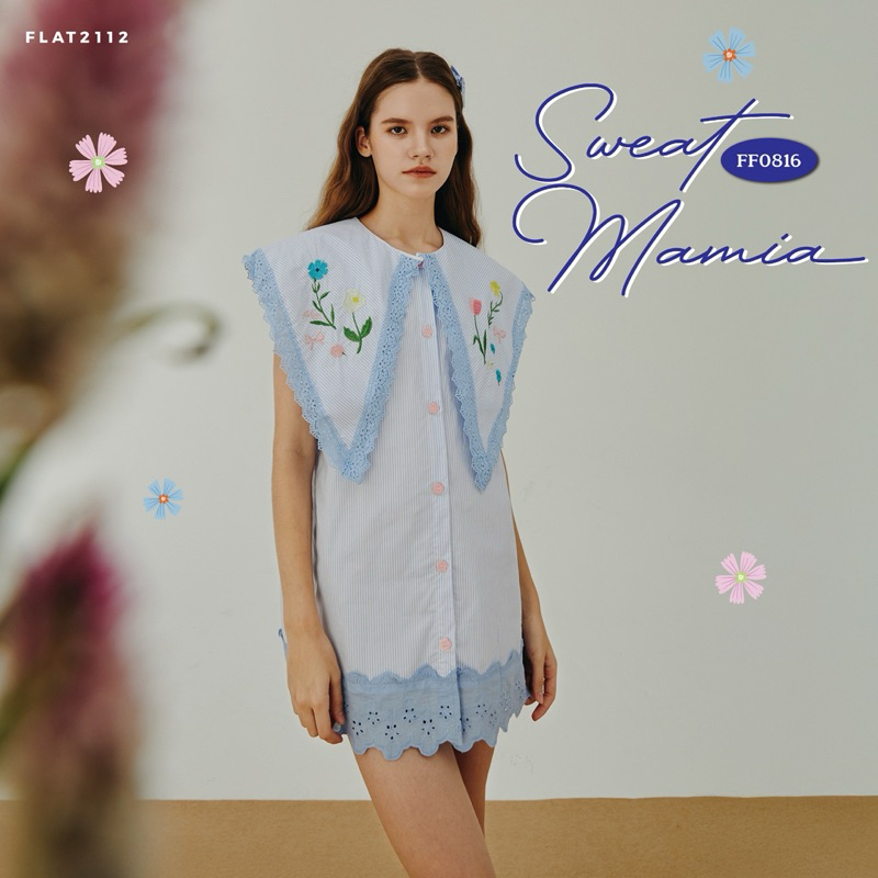 FLAT2112 FF0816 : SWEAT MANIA เดรสคอปก แต่งดอกไม้