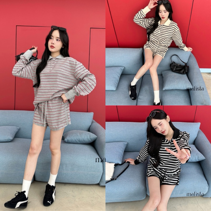 set twotone oversizeโปโลแขนยาว+ขาสั้น