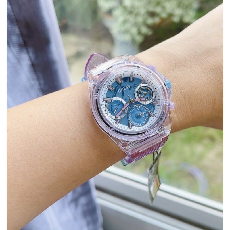 🌻สายสีม่วงใส โชว์กลไก ✨ นาฬิกา Guess GW0438L6 ATHENA 2-TONE