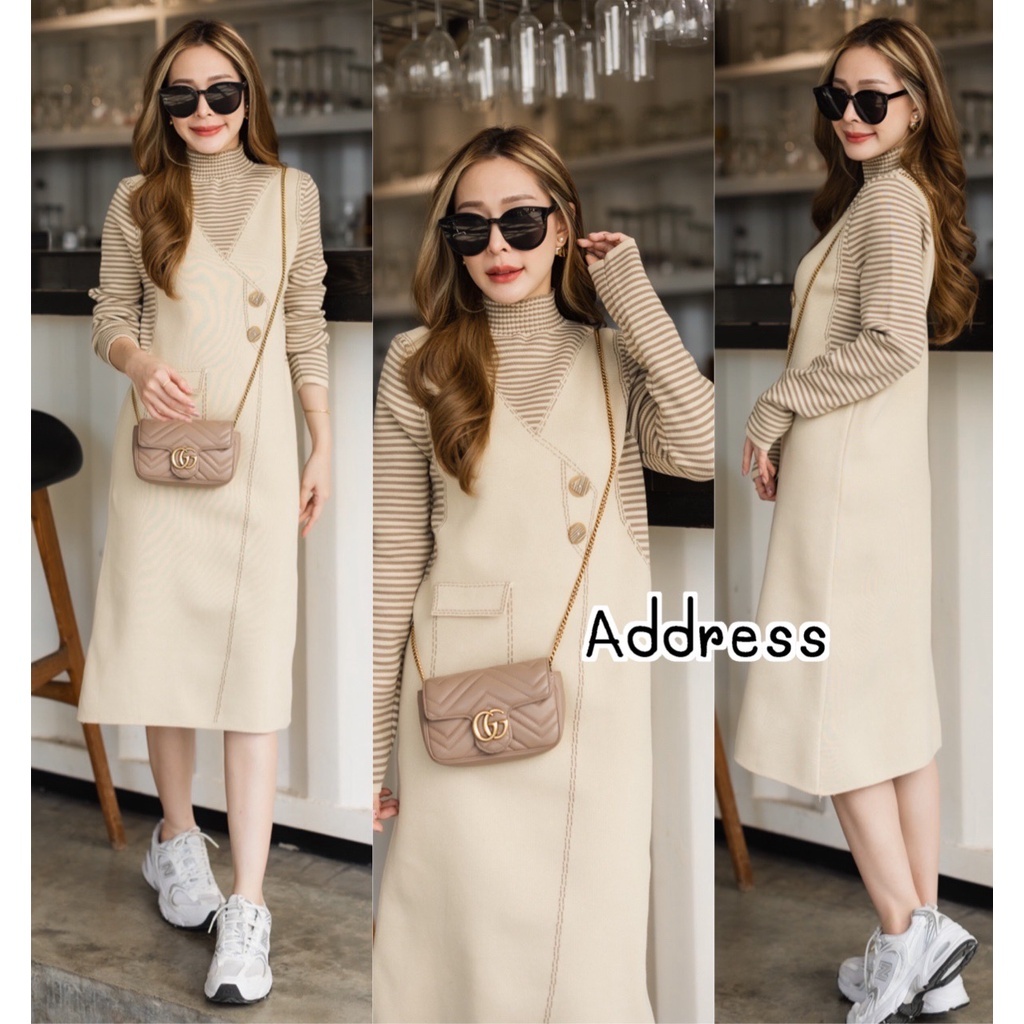 [Top 6] พร้อมส่ง Address เดรสไหมพรมแขนยาวคอปีน เย็บแต่งกระดุมหลอก ลายริ้วสีคิ้วๆ สลับผ้าพื้น CARDIGAN_NISTA