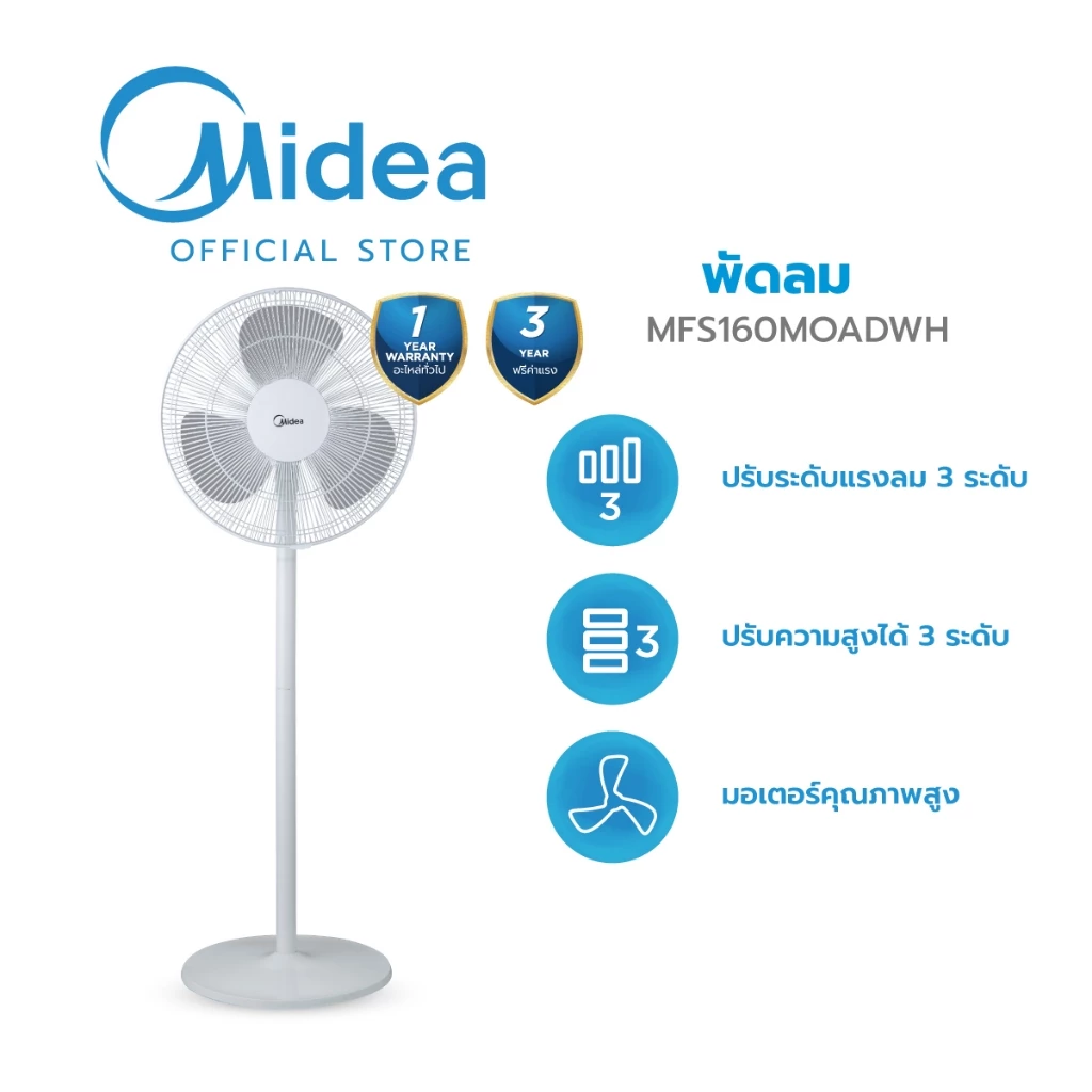 Midea พัดลมตั้งพื้นไมเดีย 16 นิ้ว (Stand Fan) รุ่น MFS160M0ADWH *รับประกันสินค้า 3 ปี