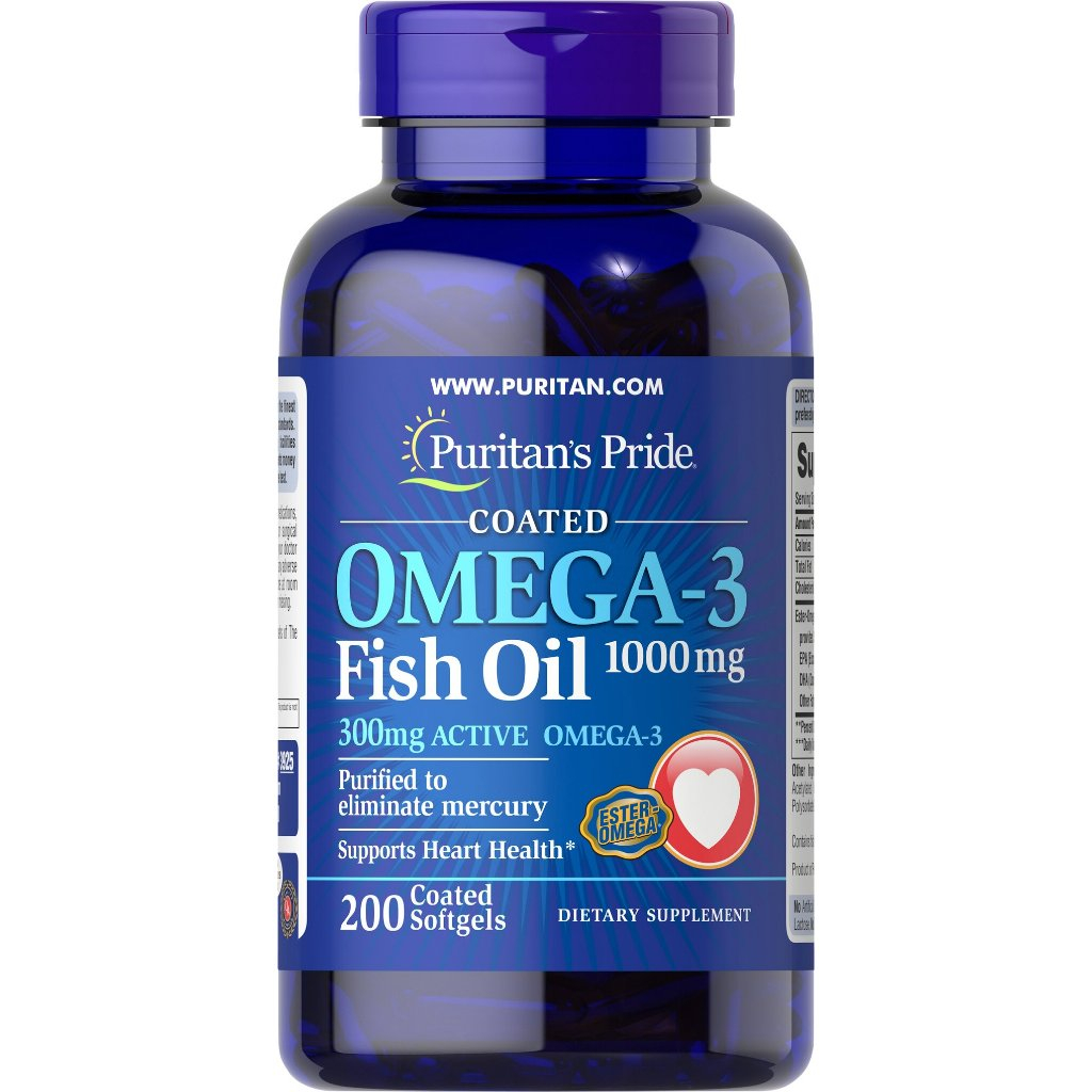 ขวดใหญ่ 200 เม็ด Puritan's Pride OMEGA-3 Fish Oil 1000 mg (300 mg Active OMEGA3) น้ำมันปลา โอเมก้า จากอเมริกา OMEGA 3