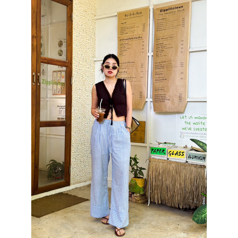 Piper Stripe Trouser กางเกงขายาวลายทางผ้าฝ้ายลินิน : everydaylookk store