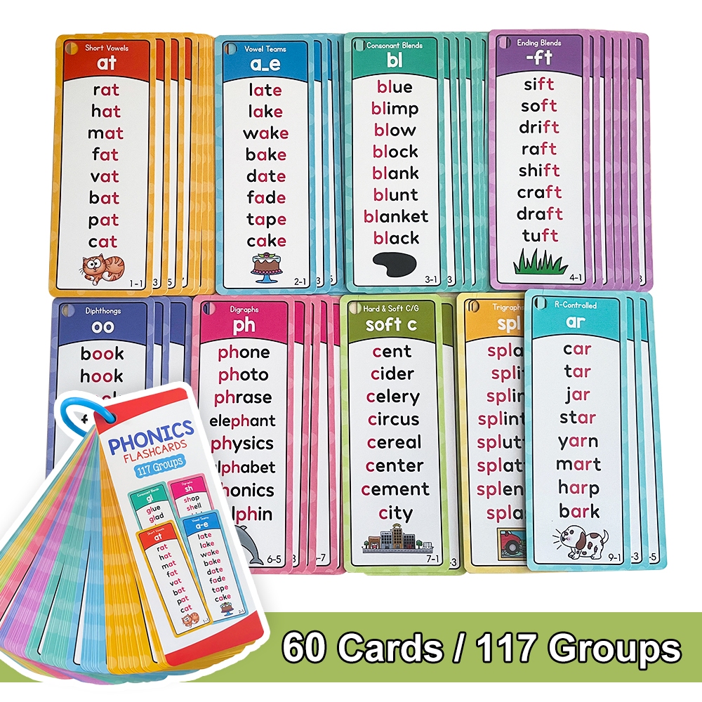 60Pcs Phonics Sight Words English Flash Cards for Kids Learning Short Long Blends Vocabulary Educational Cognitive Card