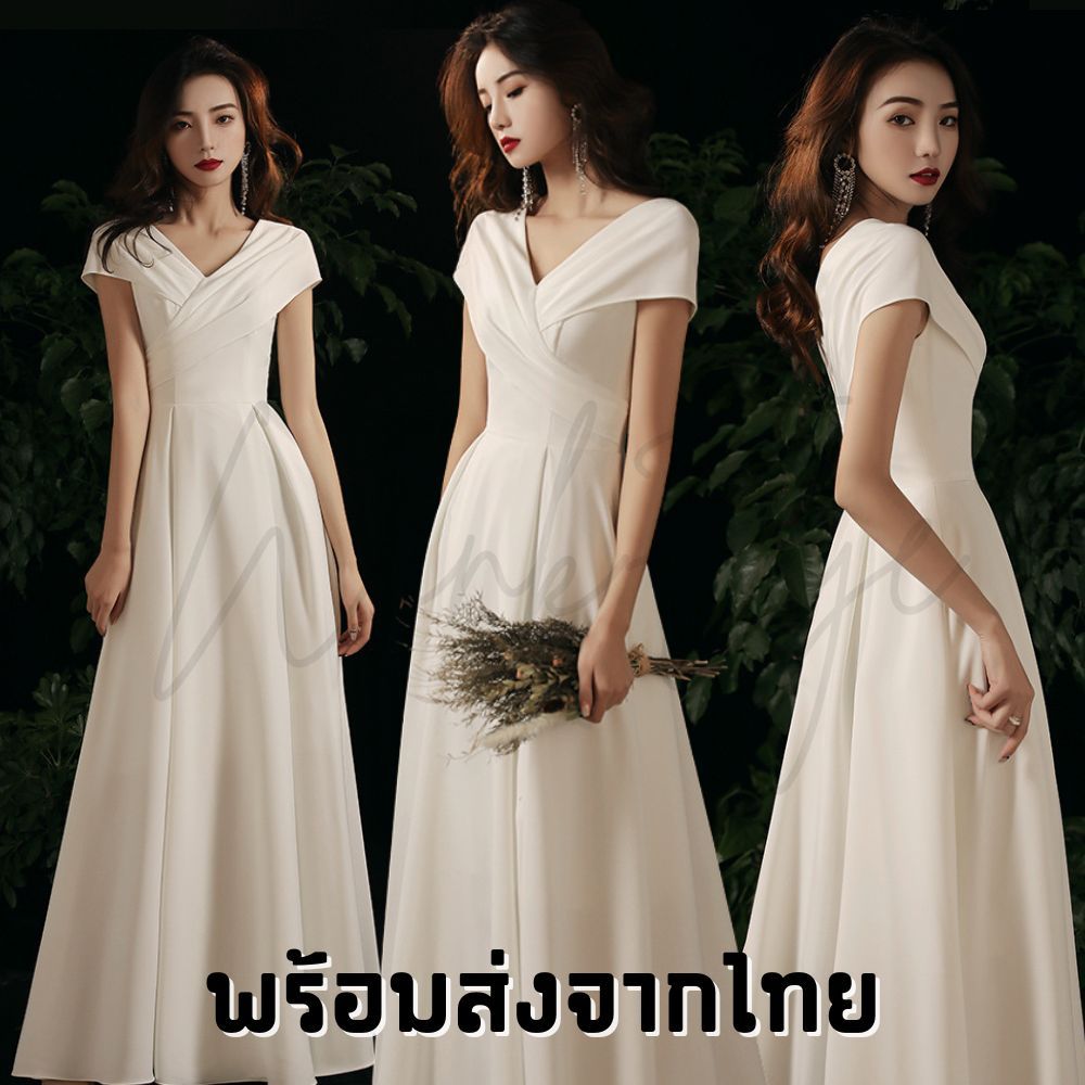 (Dress5-239)พร้อมส่ง Wedding Dress  เดรสแต่งงาน คอวี Korea Style เดรสมีแขน ถ่ายพรีเวดดิ้ง เดรสขาว