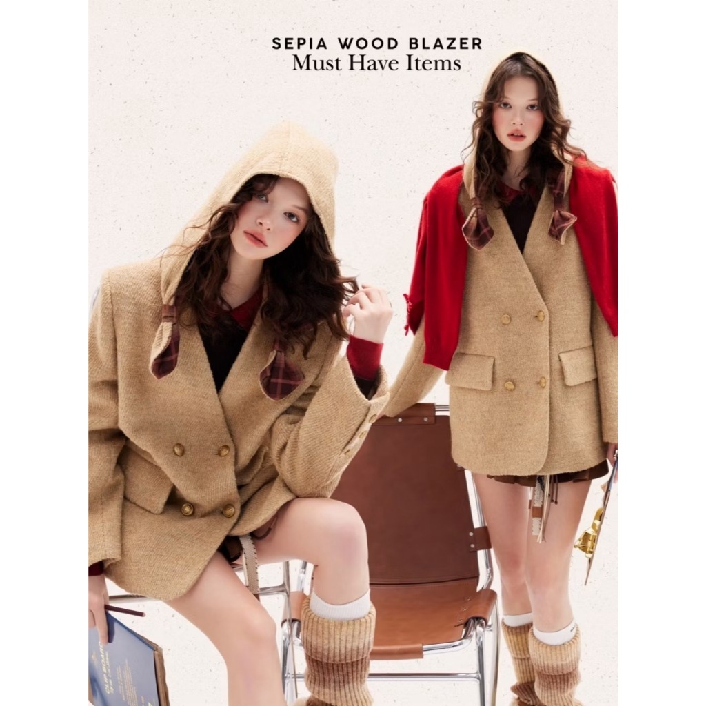 「สินค้าลิขสิทธิ์แท้」24 Winter IRIS x TM designer l IB72893 Sepia wood blazer เสื้อผ้าผู้หญิง