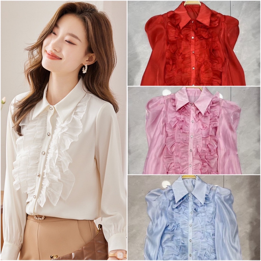 พร้อมส่งฟรีซับในสายเดี่ยว เสื้อเชิ้ตผ้าเเก้วเกาหลีเนื้อนิ่มใสเงานิดๆ เย็บระบายอกกระดุมเพชร